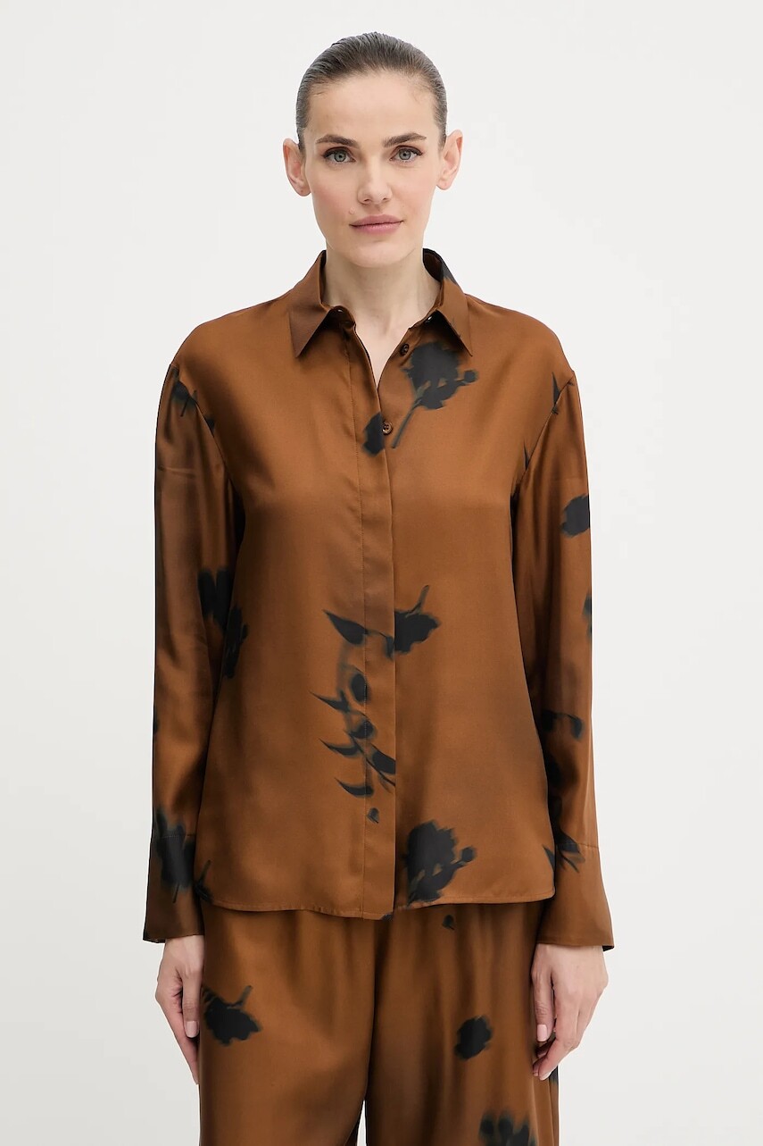 Hodvábna košeľa MM ERACLEA hnedá farba, regular, s klasickým golierom, 2526116057600