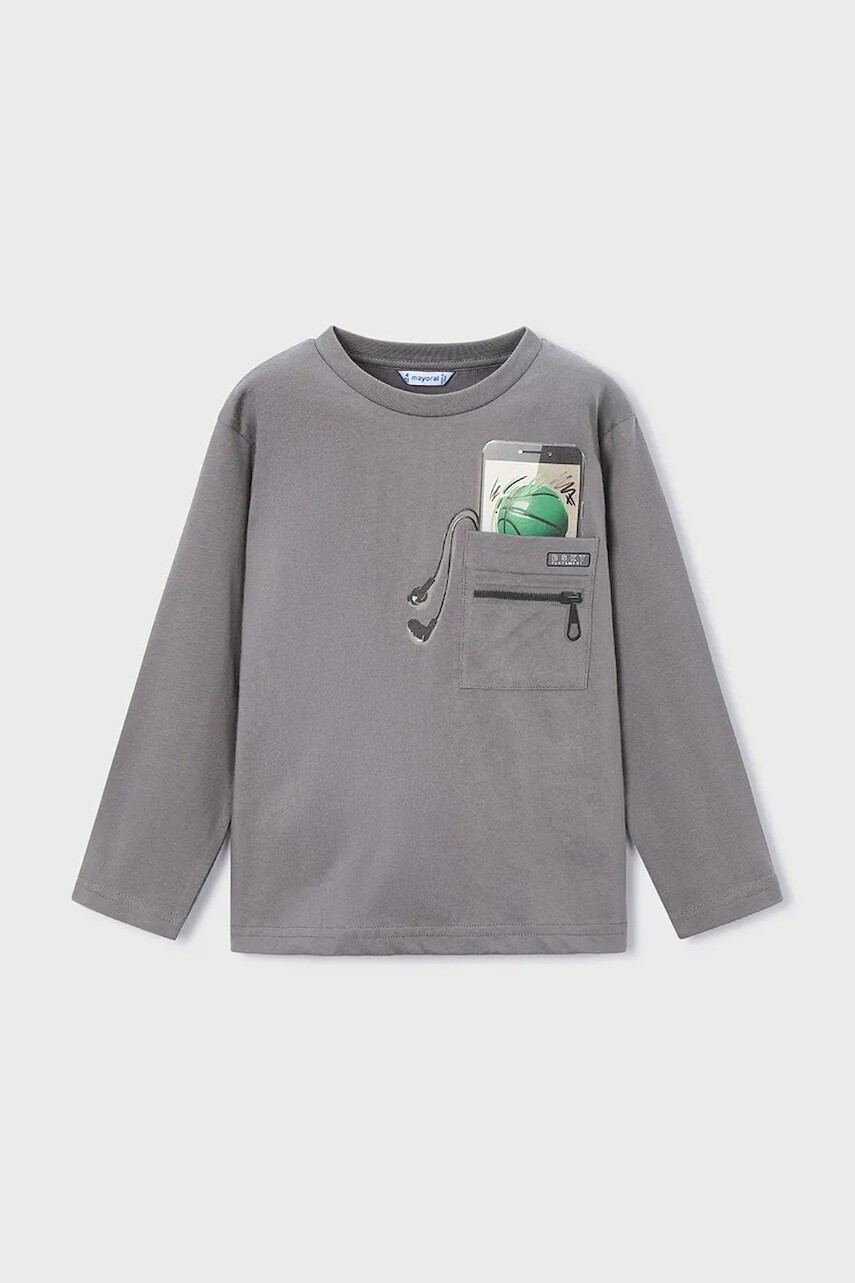 Bavlnené tričko s dlhým rukávom Mayoral šedá farba, s potlačou, 4078