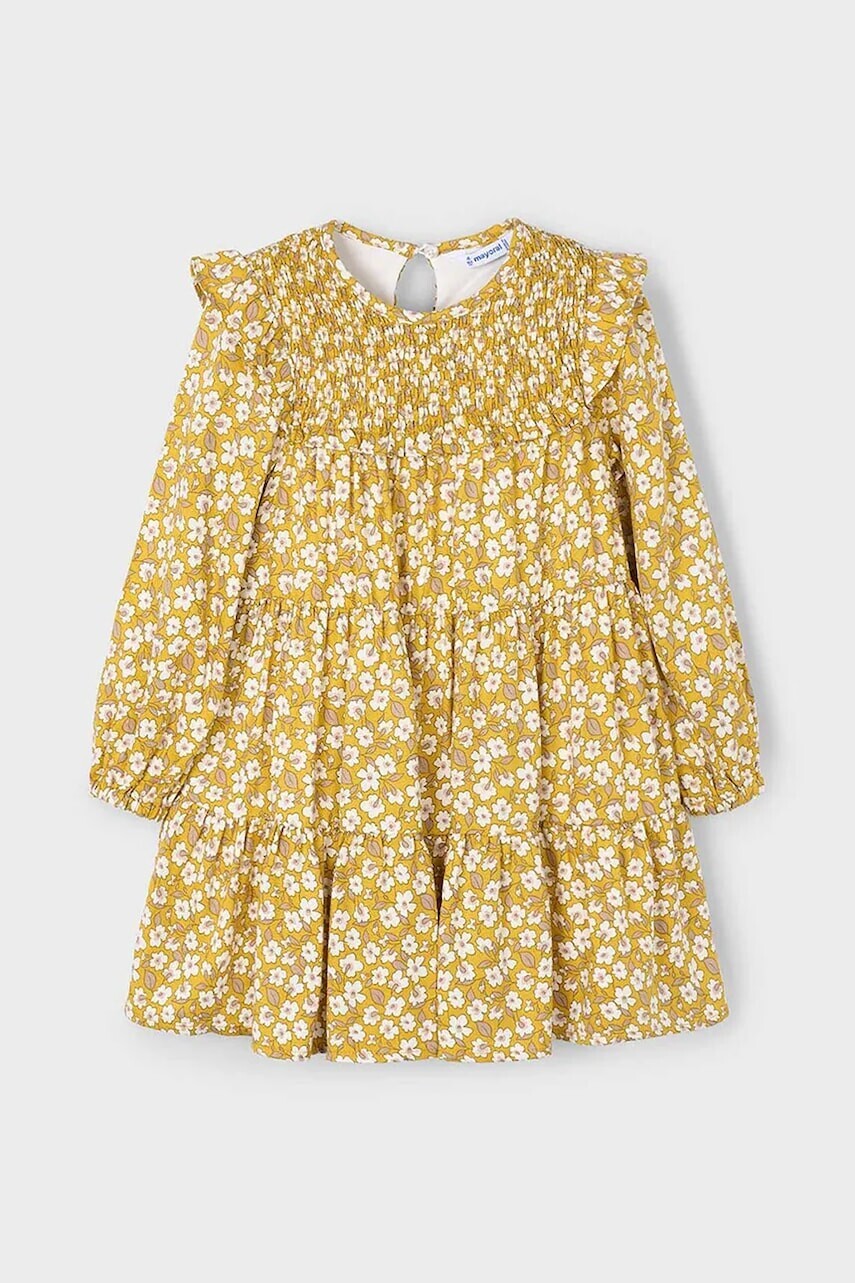 Dievčenské šaty Mayoral žltá farba, mini, áčkový strih, 4912