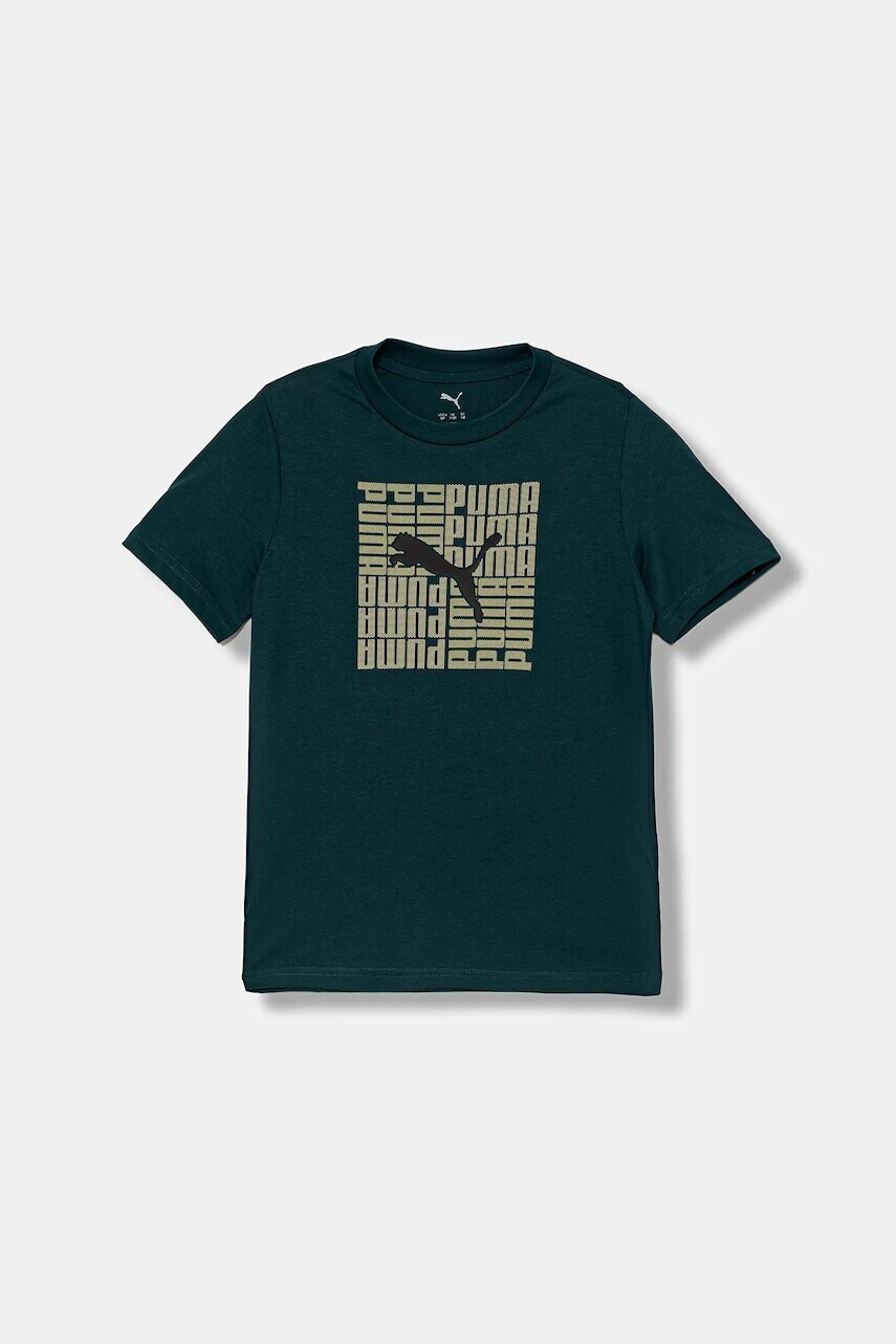 Detské bavlnené tričko Puma GRAPHIC Box Tee B zelená farba, s potlačou, 689937