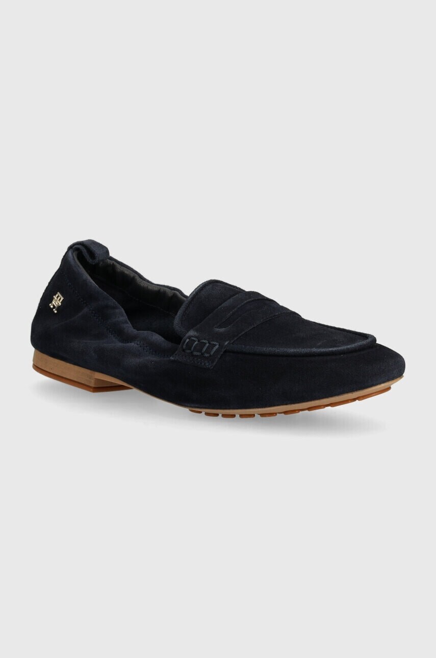 Semišové mokasíny Tommy Hilfiger TH SUEDE MOCCASIN dámske, tmavomodrá farba, na plochom podpätku, FW0FW07714