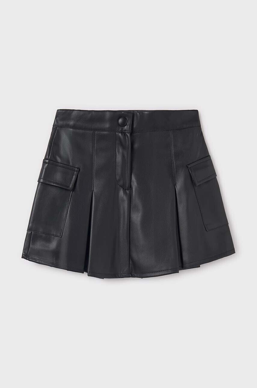 Dievčenská sukňa Mayoral Spódnica cargo imitacja skóry čierna farba, mini, áčkový strih, 7972