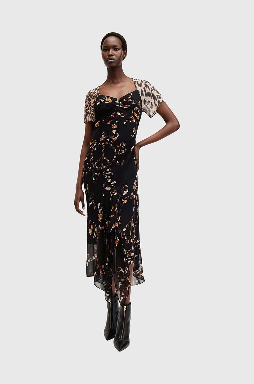 Šaty AllSaints LEAH čierna farba, midi, áčkový strih, W051DB