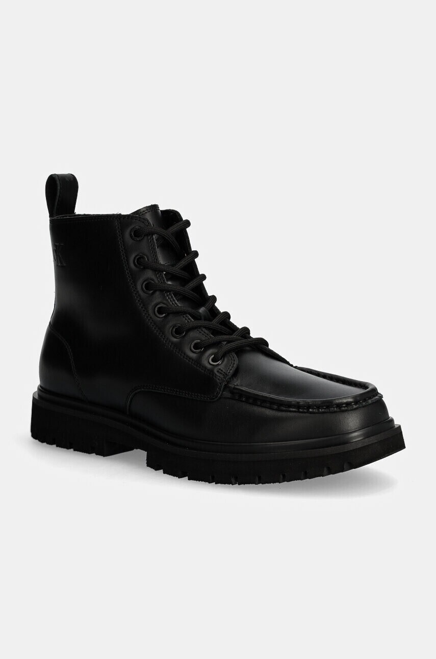 Kožená obuv Calvin Klein Jeans EVA BOOT MID LACEUP UNFORM DRESS pánska, čierna farba, YM0YM01073