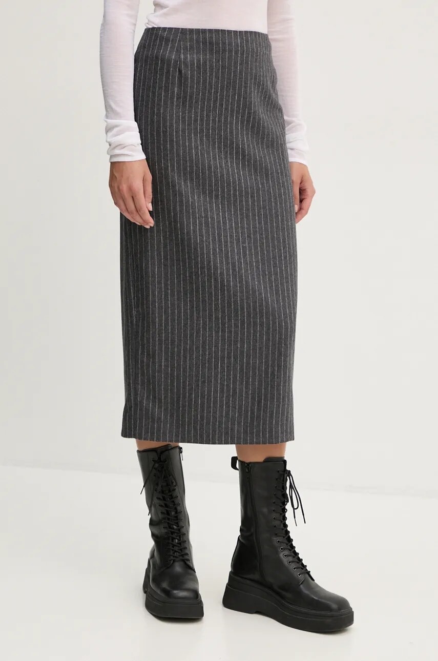 Vlnená sukňa The Kooples šedá farba, midi, rovný strih, FJUP29054K