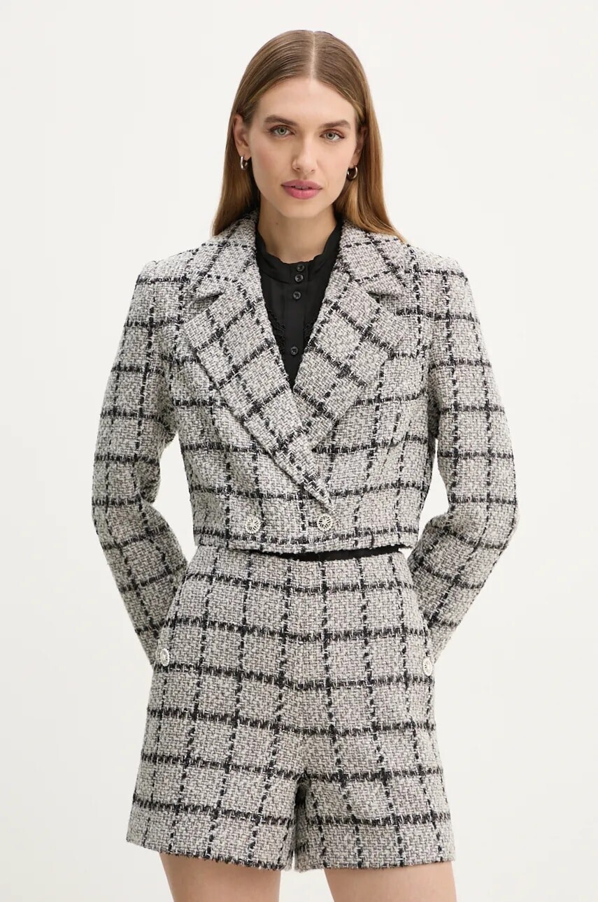 Sako Bruuns Bazaar DoxaBBNanyas short blazer šedá farba, dvojradová, vzorovaná, BBW4175