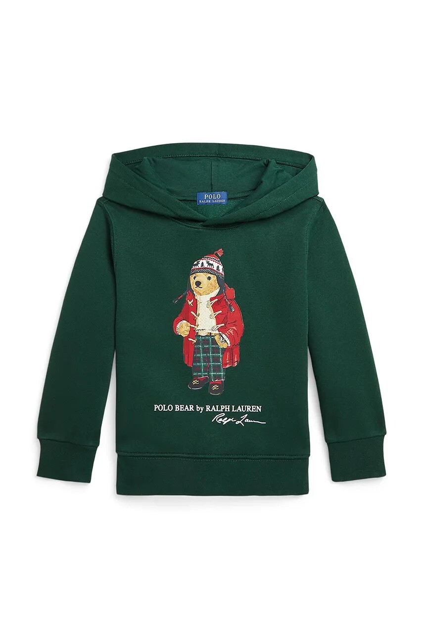 Detská mikina Polo Ralph Lauren zelená farba, s kapucňou, s potlačou, 322960440003