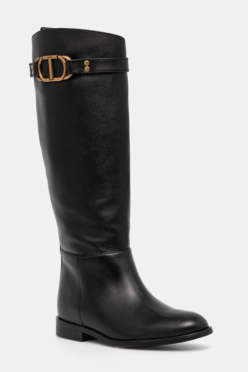 Kožené čižmy Twinset dámske, čierna farba, na plochom podpätku, 242TCP092