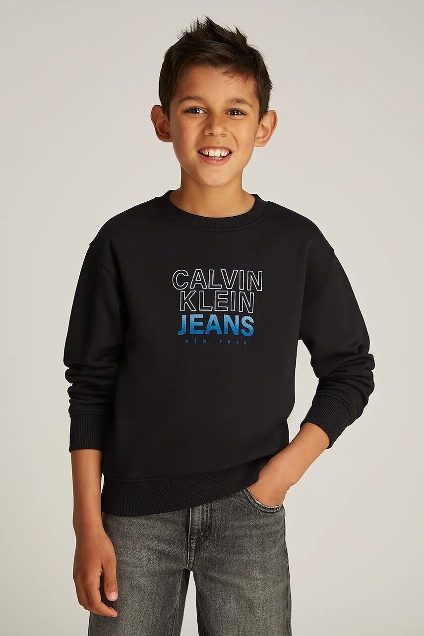 Detská mikina Calvin Klein Jeans čierna farba, s potlačou, IB0IB02376