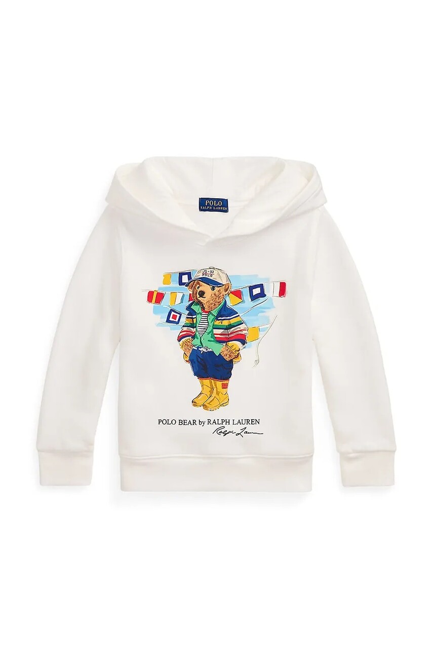 Detská mikina Polo Ralph Lauren biela farba, s kapucňou, s potlačou, 322974848001