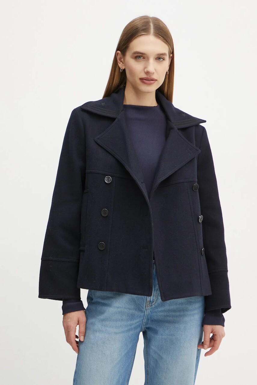 Vlnený kabát The Kooples tmavomodrá farba, prechodný, dvojradový, FMAN29001K