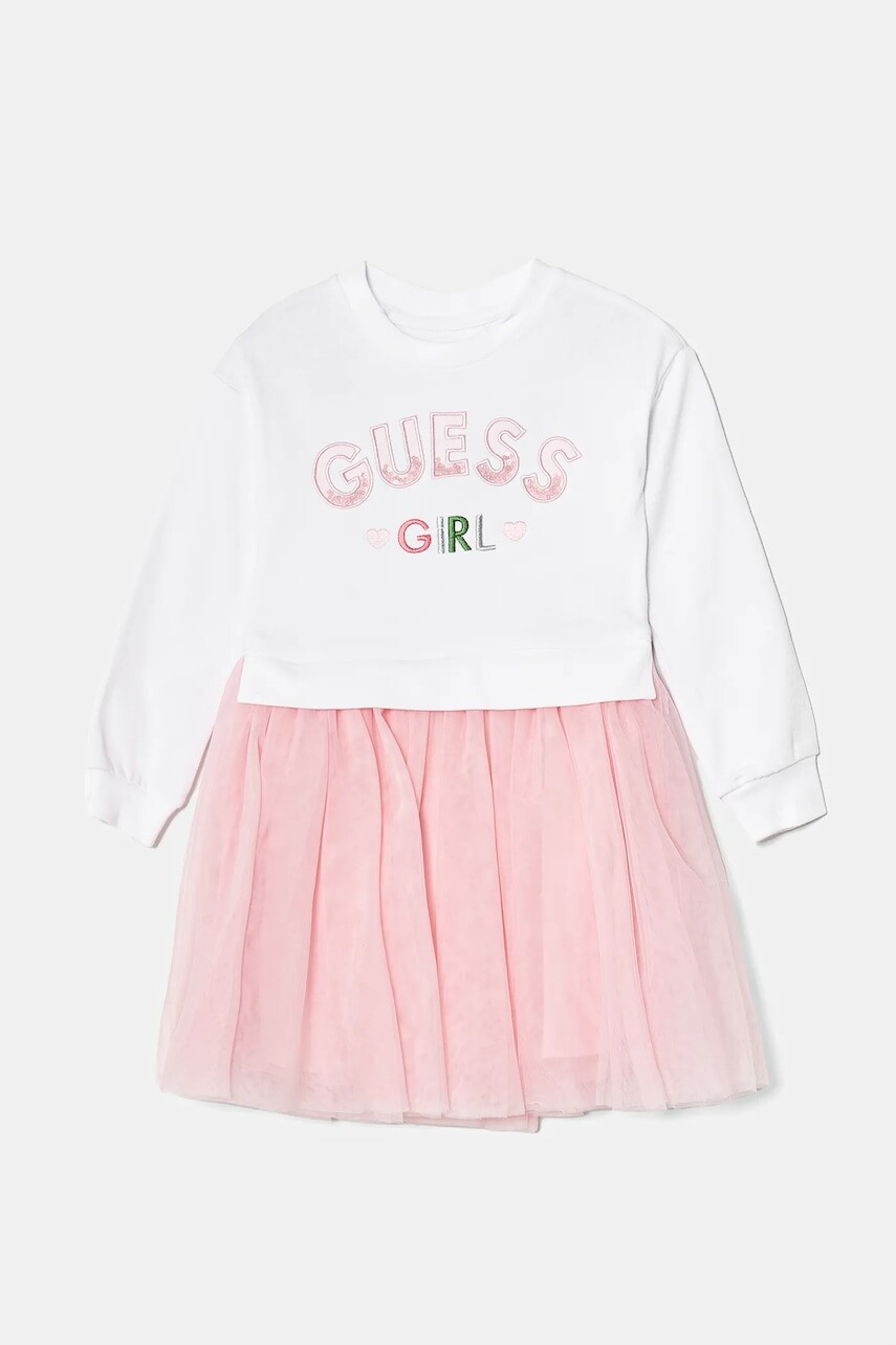Dievčenské bavlnené šaty Guess biela farba, mini, áčkový strih, K5RK05 K82T0