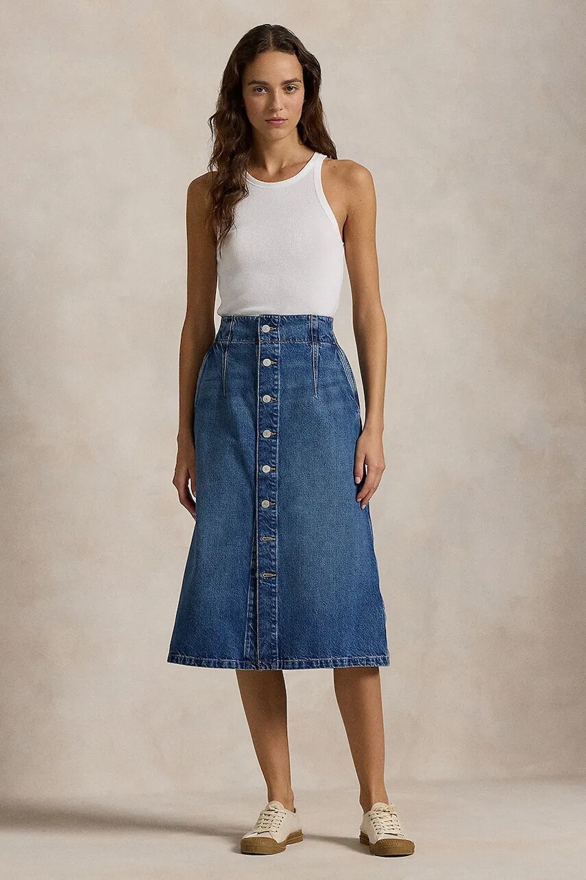 Bavlnená rifľová sukňa Polo Ralph Lauren midi, áčkový strih, 211959036