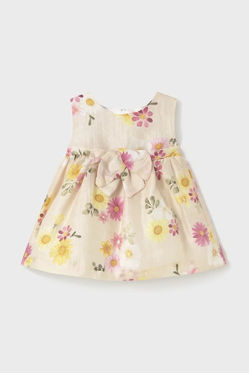 Ľanové šaty pre bábätká Mayoral Newborn žltá farba, mini, áčkový strih, 1863