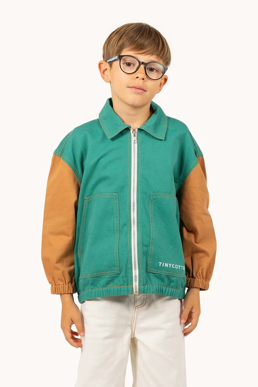 Detská bavlnená bunda Tinycottons COLOR BLOCKED JACKET zelená farba, SS25-208