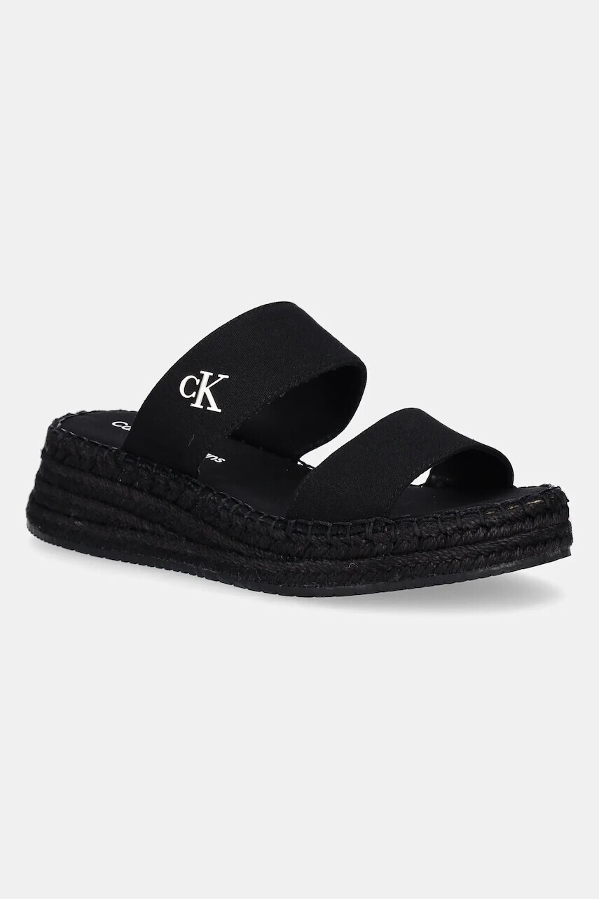 Šľapky Calvin Klein Jeans SPORTY ROPE MG LTH WEBBING dámske, čierna farba, na kline, YW0YW01704