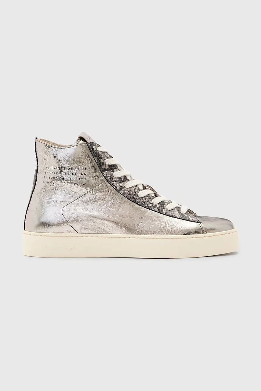 Kožené tenisky AllSaints Tana Metallic High Top strieborná farba, W118FB