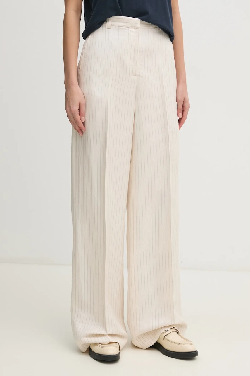 Nohavice s prímesou ľanu Tommy Hilfiger dámske, béžová farba, široké, vysoký pás, WW0WW45464