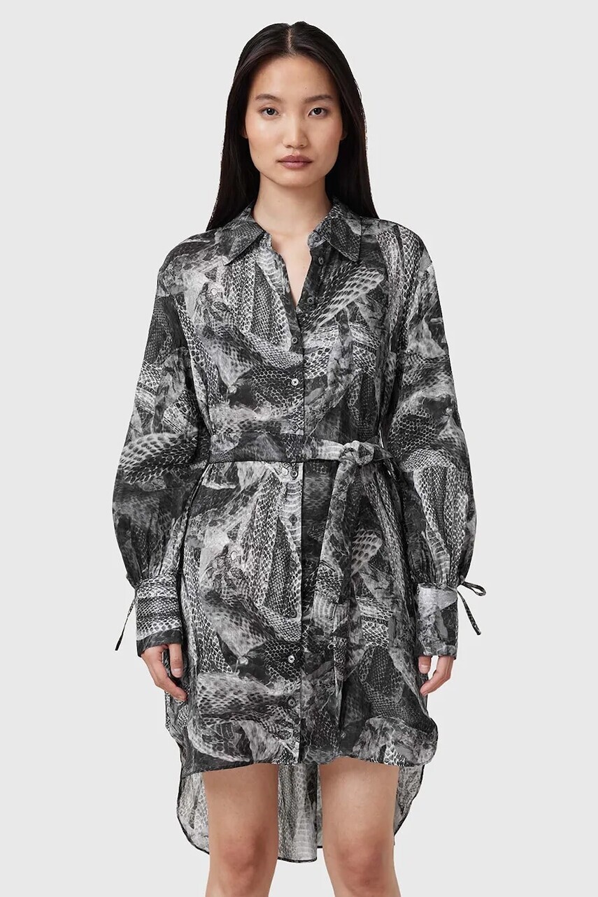 Šaty s prímesou hodvábu AllSaints LEYLA šedá farba, mini, rovný strih, W081DC