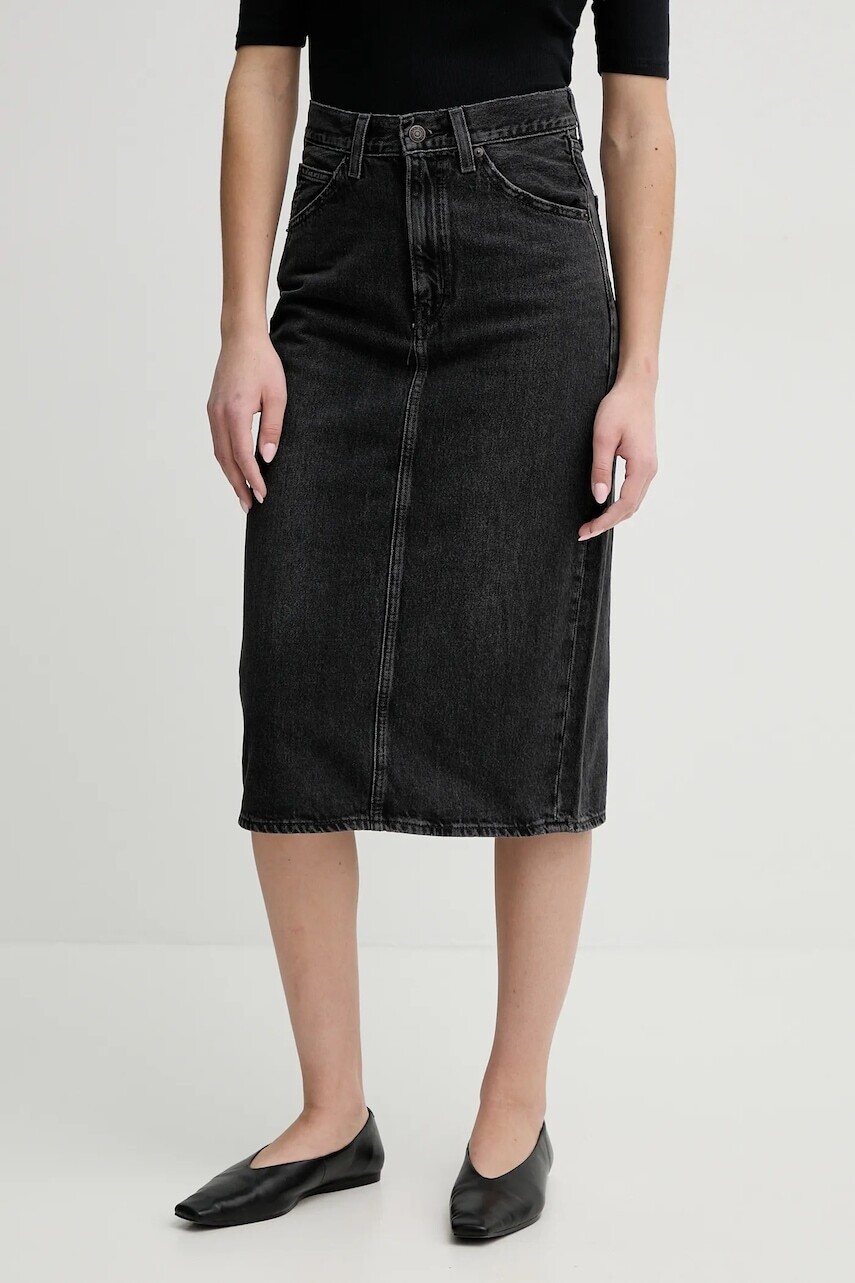 Rifľová sukňa Levi's HR BACK SLIT SKIRT šedá farba, midi, puzdrová, 001VH