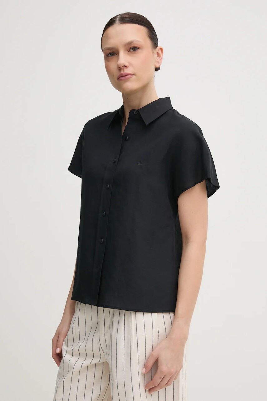 Košeľa s prímesou ľanu Calvin Klein dámska, čierna farba, voľný strih, s klasickým golierom, K20K208322