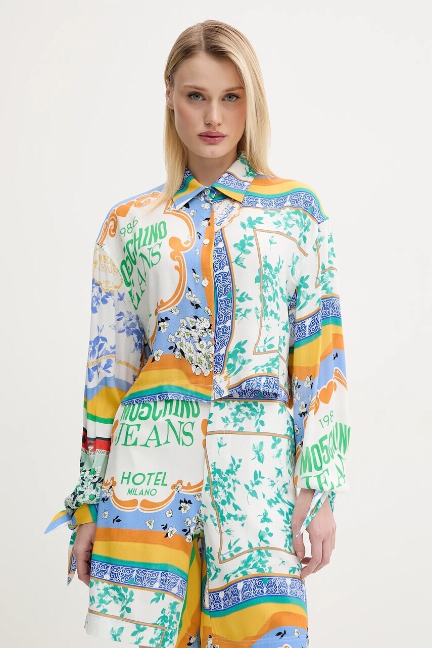 Košeľa Moschino Jeans dámska, biela farba, voľný strih, s klasickým golierom, 0217 3735