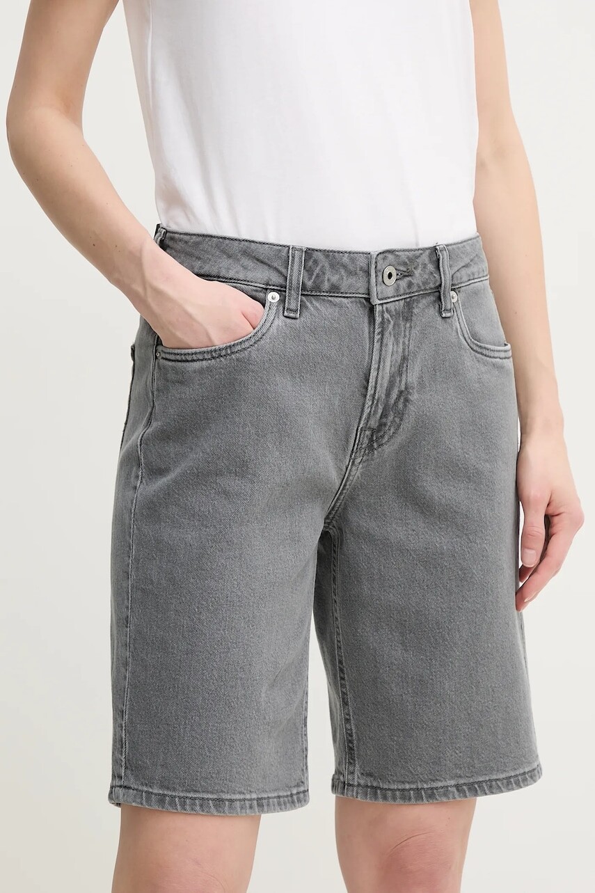 Rifľové krátke nohavice Pepe Jeans BERMUDA SHORT HW dámske, šedá farba, jednofarebné, vysoký pás, PL801189UN3