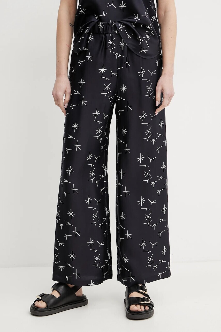 Hodvábne nohavice Max Mara Leisure dámske, tmavomodrá farba, rovné, vysoký pás, 2516131027600