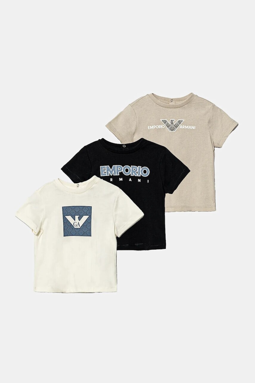 Detské bavlnené tričko Emporio Armani 3-pak béžová farba, s potlačou, EB000380 AF13913