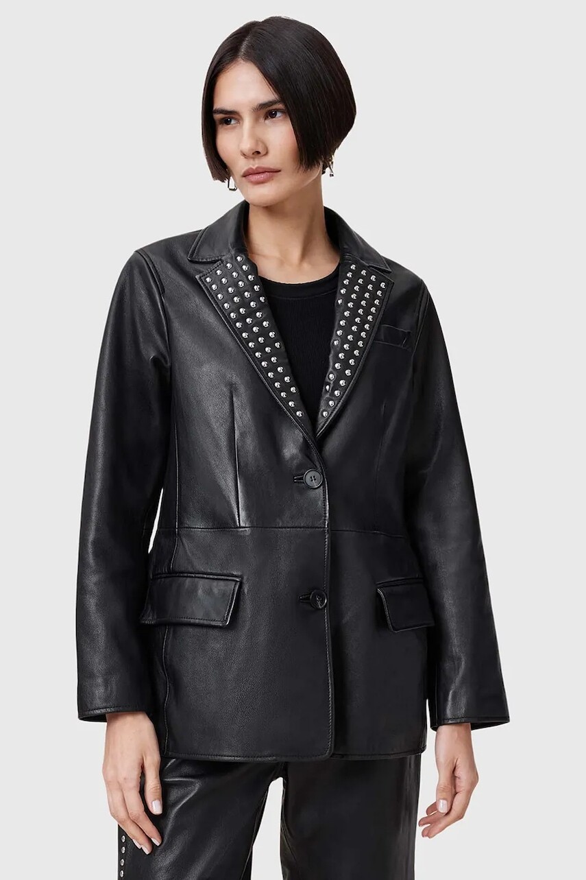 Kožené sako AllSaints CORINNA čierna farba, jednoradové, W037LC