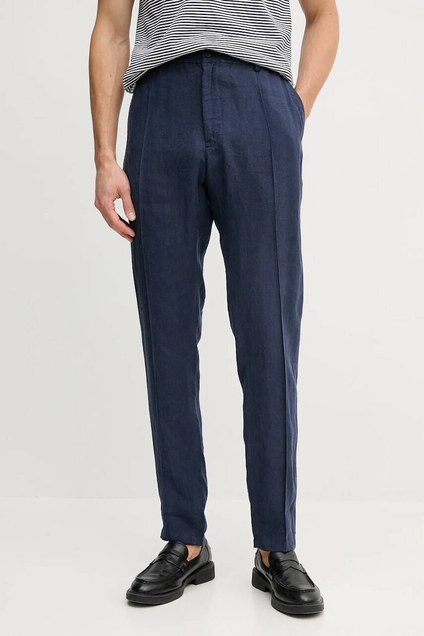 Ľanové nohavice Emporio Armani pánske, tmavomodrá farba, priliehavé, 01P590 01448
