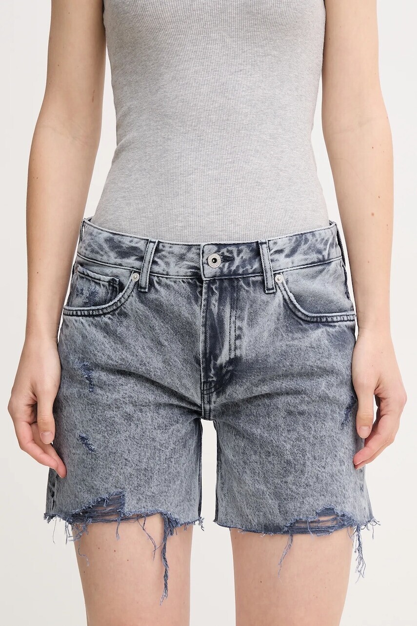 Bavlnené rifľové šortky Pepe Jeans REGULAR SHORT MW DISTRESSED dámske, tmavomodrá farba, melanžové, stredne vysoký pás, PL801186UN4