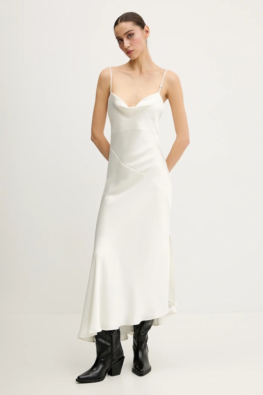 Šaty HUGO béžová farba, midi, áčkový strih, 50538974