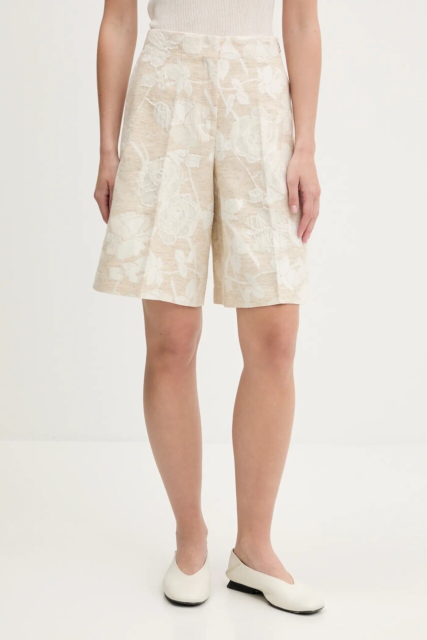 Šortky s prímesou ľanu Blugirl Blumarine béžová farba, vzorovaná, vysoký pás, RA5128.T2942