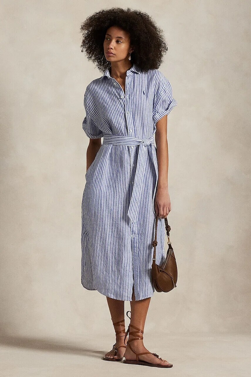 Ľanové šaty Polo Ralph Lauren biela farba, midi, rovný strih, 211965843