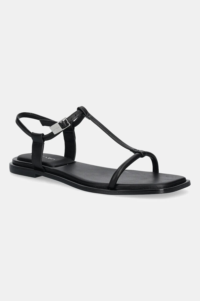 Kožené sandále Calvin Klein FLAT SANDAL SQUARED BUCKLE LTH čierna farba, HW0HW02556