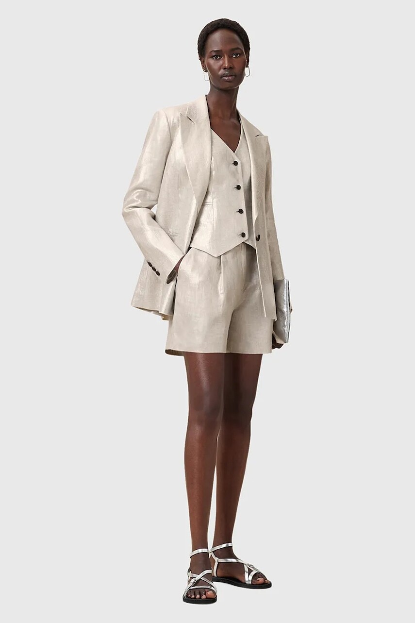 Ľanové šortky AllSaints AVERIE strieborná farba, jednofarebné, stredne vysoký pás, W069QC