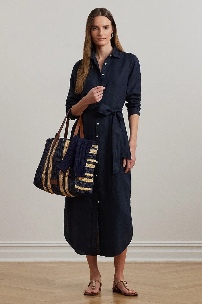Ľanové šaty Lauren Ralph Lauren tmavomodrá farba, midi, áčkový strih, 200978672
