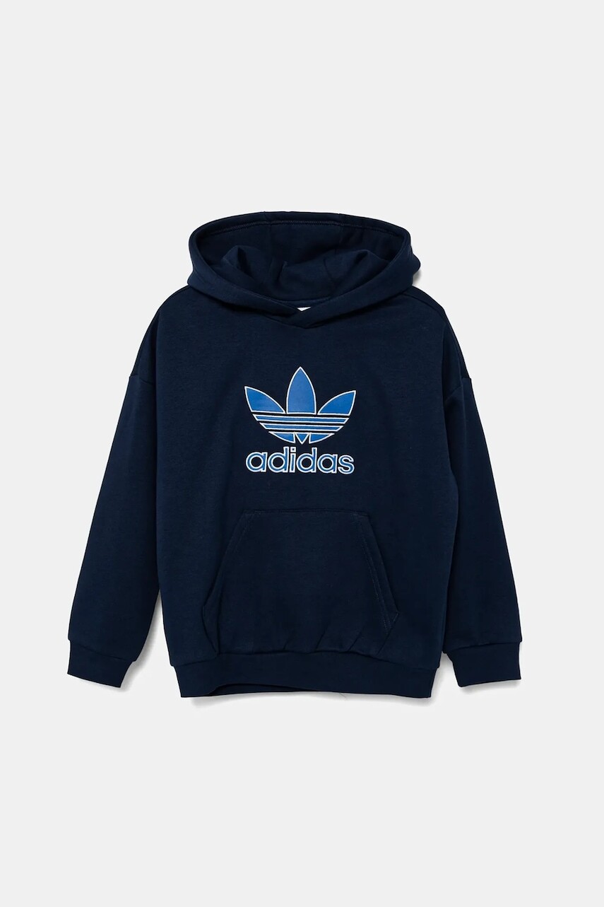 Detská mikina adidas Originals tmavomodrá farba, s kapucňou, s nášivkou, JV8651