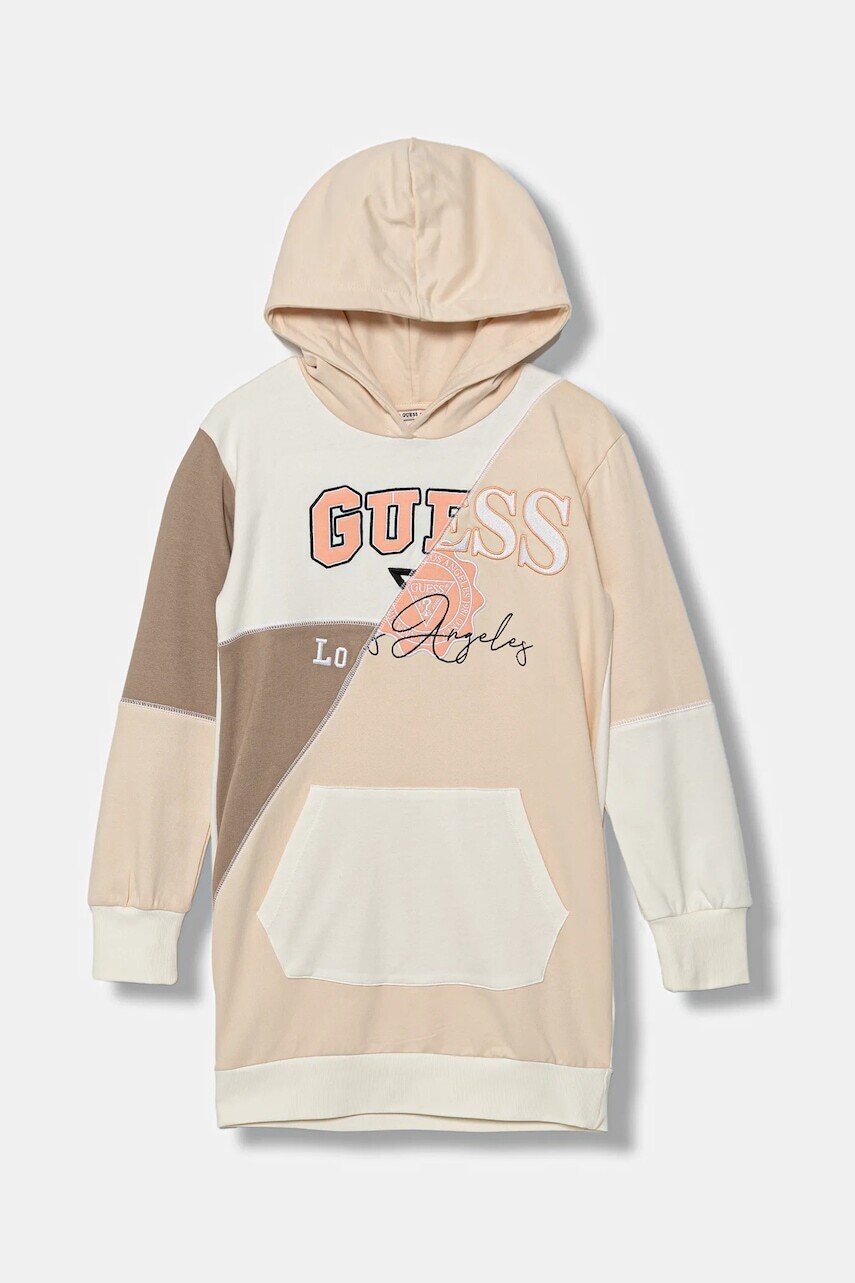 Dievčenské bavlnené šaty Guess béžová farba, mini, rovný strih, J5YK05 KA6R4