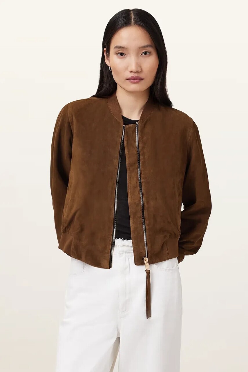 Semišová bunda AllSaints ORTEN hnedá farba, prechodná, W041LD