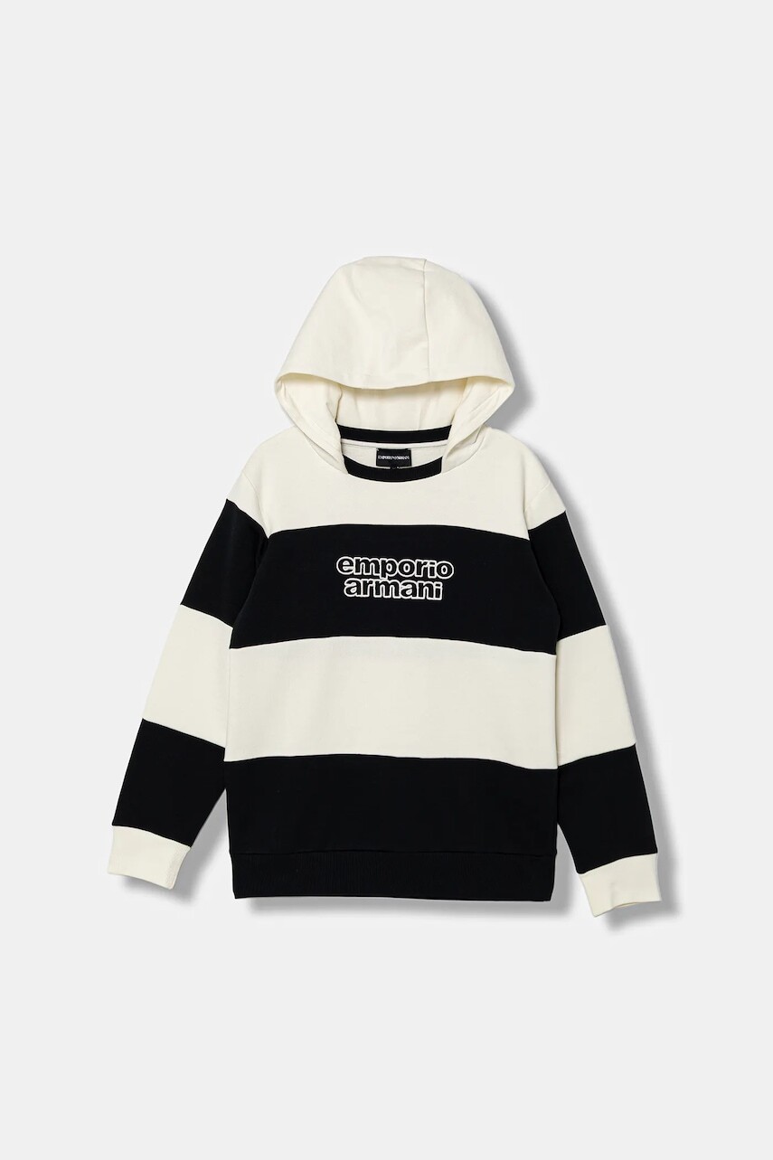 Detská bavlnená mikina Emporio Armani tmavomodrá farba, s kapucňou, vzorovaná, EB000770 AF16135