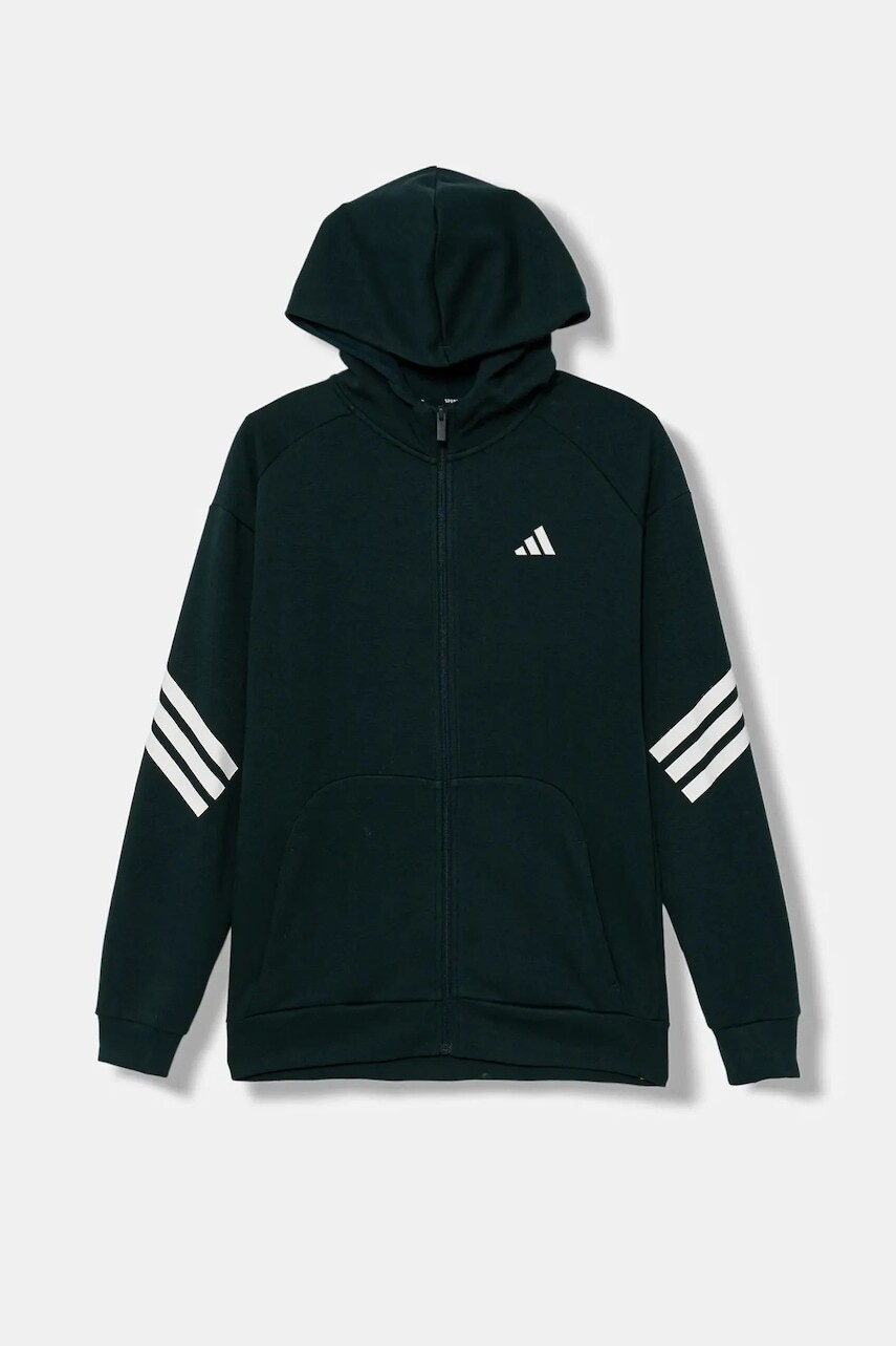 Detská mikina adidas zelená farba, s kapucňou, s potlačou, JW7525