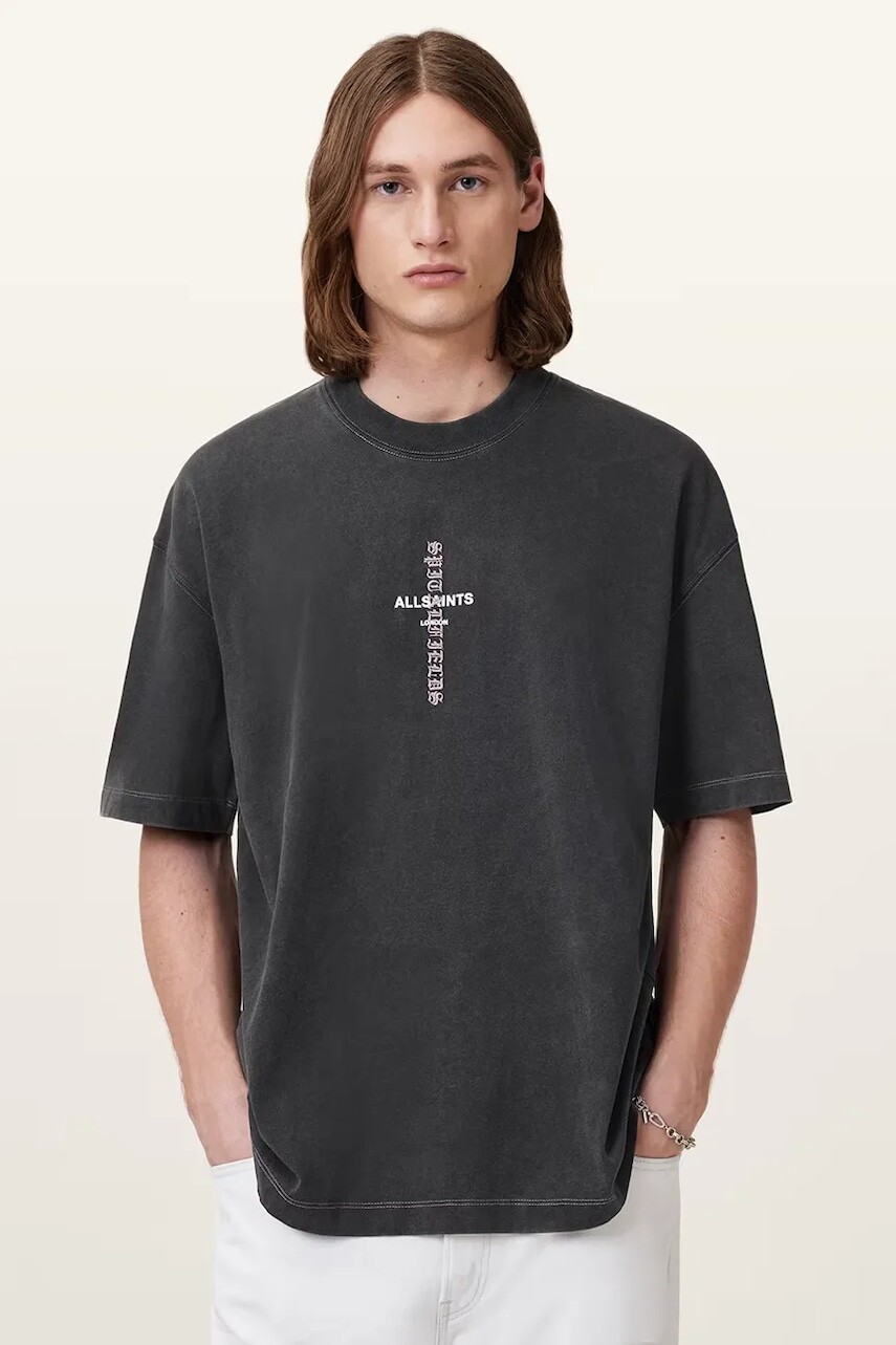Bavlnené tričko AllSaints KNOX pánske, šedá farba, s potlačou, M048PC