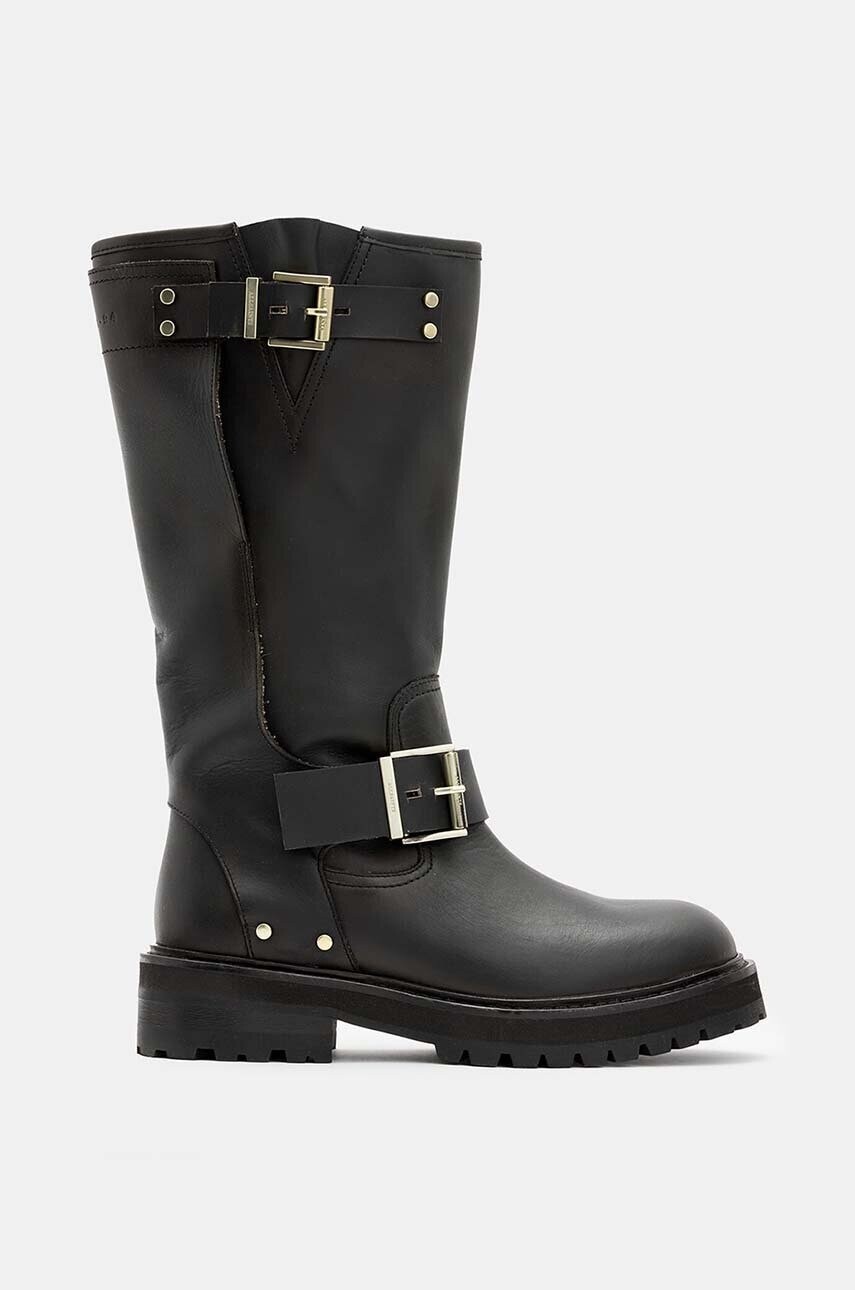 Kožené čižmy AllSaints Tay Biker Boot dámske, čierna farba, na plochom podpätku, W026FA