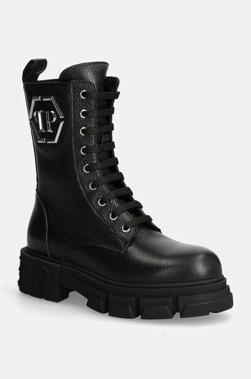 Kožené workery Philipp Plein Embossed Army Boot dámske, čierna farba, na platforme, WSE0811 PLE010N 02