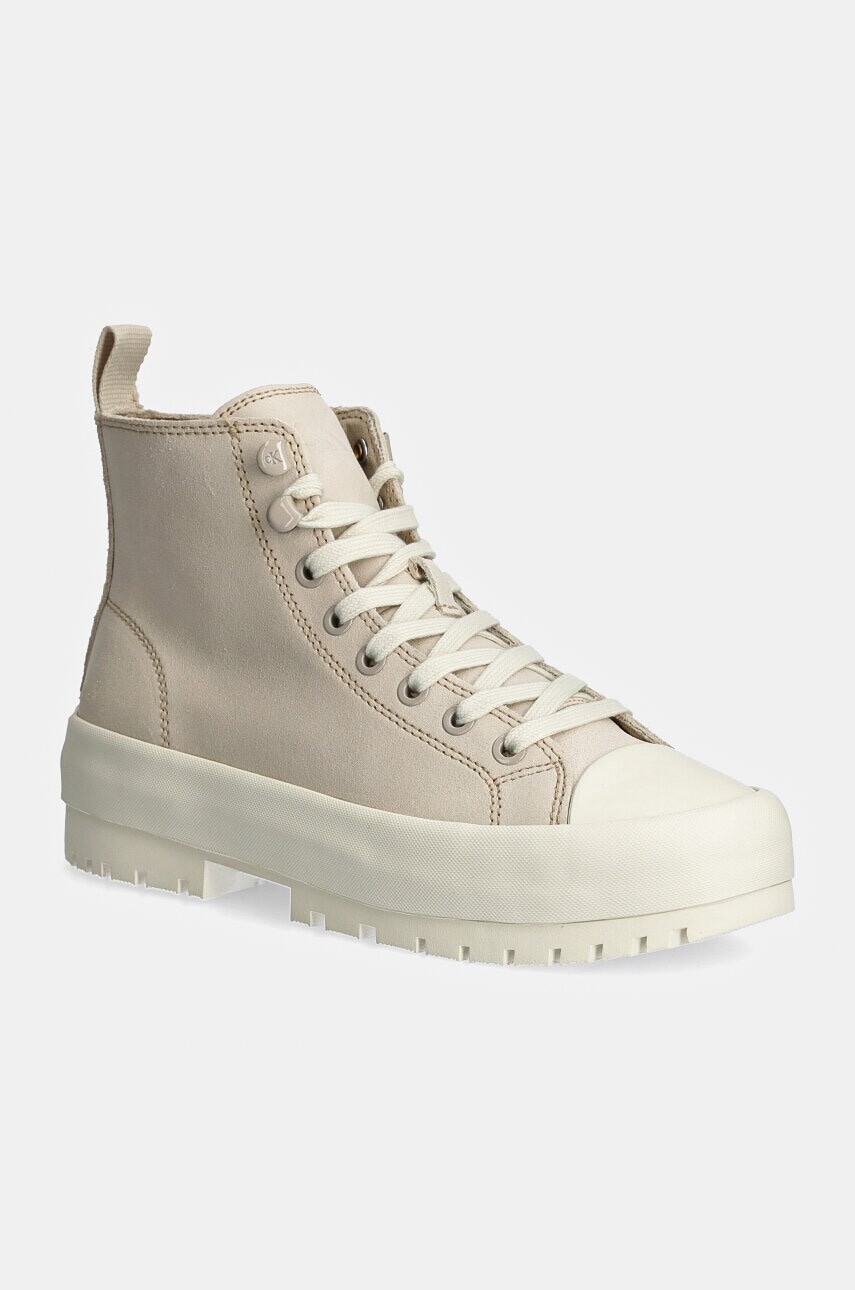 Semišové tenisky Calvin Klein Jeans LUGGED HYBRID MID LACEUP SUEDE béžová farba, YW0YW01565