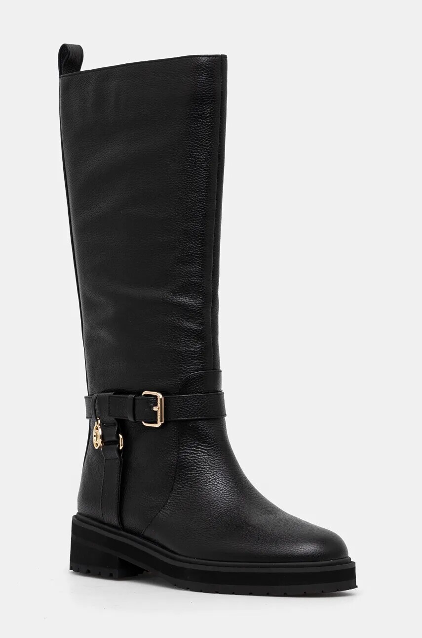 Kožené čižmy Twinset dámske, čierna farba, na plochom podpätku, 242TGT172