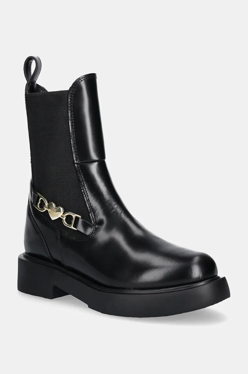 Kožené členkové topánky Love Moschino dámske, čierna farba, na plochom podpätku, JA24204G0LJD0000