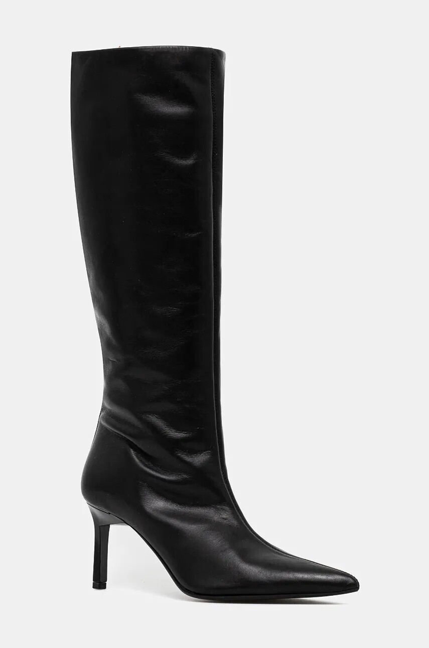 Kožené čižmy Calvin Klein HEEL KNEE BOOT 70 LTH dámske, čierna farba, na vysokom podpätku, HW0HW02162